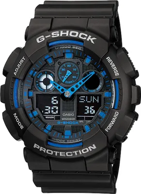 A close-up studio shot of a black G-Shock watch with blue accents.