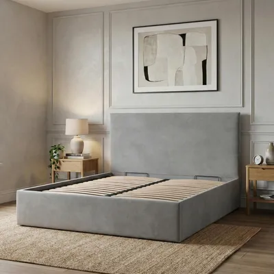 Produktbild von Polsterbett PAOLA 180x200 – Modernes Doppelbett mit Kopfteil und Holzlattenrost, ohne Bettkasten Grau Samt
