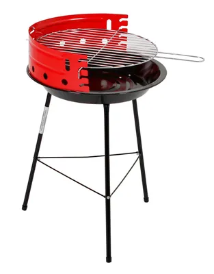 A red and black charcoal grill on a black tripod stand, isolated on a white background.