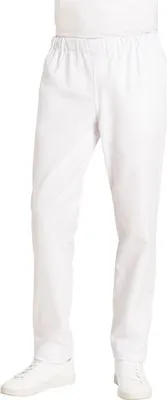 A person wearing white pants and white sneakers, shown from the waist down.