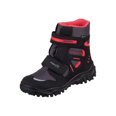 A single black and gray winter boot with red accents, shown against a white background.