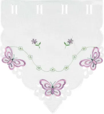 A white lace curtain with embroidered purple butterflies and flowers.