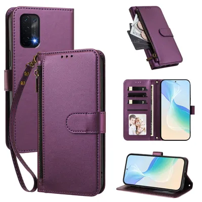 Produktbild von Geldbörse Hülle für Oppo A54 5G/Oppo A74 5G, Kunstleder Handyhülle mit Kartenfächer, Ständer, Handschlaufe Lila