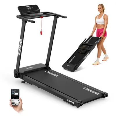 A collage showing a black treadmill in use and folded, with a woman and a smartphone.