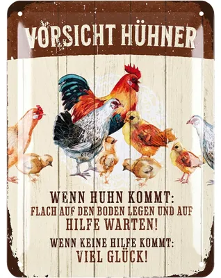 Produktbild von LANOLU Retro Blechschild Vorsicht Hühner, Hühner Zubehör, lustige Schilder mit Sprüchen, vintage Metallschilder 15x20cm