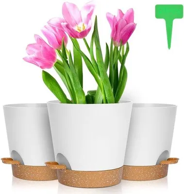 Image de Pot de fleurs auto-arrosage plastique 3 pièces - 20 x 19 cm - plantes de balcon - soucoupes - étiquettes pour plantes