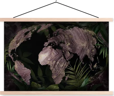 Produktbild von MuchoWow® Textilposter Weltkarte - Lila - Gold 120x80 cm mit holzfarbenen Rahmen - Aufhängeset