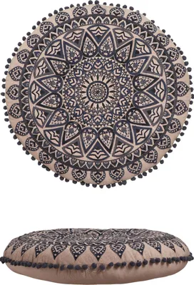 Obrázok produktu pre Marrakech boho dekoratívny vankúš na podlahu sedací vankúš okrúhly 60 x 15 cm s výplňou | meditačný vankúš Aziza čierny z bavlny s vyšívaným motívom mandaly | boho jogový vankúš ako dekorácia do obývačky