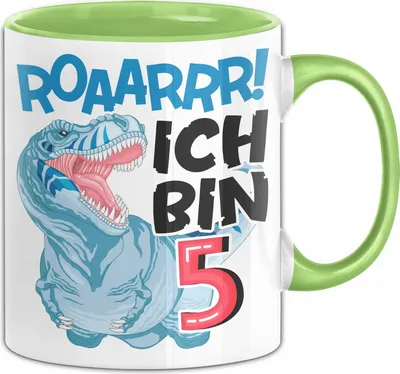 Produktbild von 5. Geburtstag Geschenk Tasse Becher Jungs Dino T-Rex Roaarrr Ich Bin 5 (Grün)