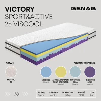 Obrázek produktu pro Matrace z viskózní pěny Benab Victory Sport&Active 25 Viscool Matrace 85 x 195 cm H3 / H4 tvrdost 25 cm výška Matrace z viskózní pěny, Merilou, Viscool, Antibakteriálni, HR Grand Soya, 7 zón, Profilace