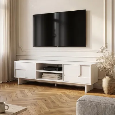 Produktbild von Fernsehschrank 'Katanshumn' mit 2 Türen und 2 offenen Fächern 150 x 39 x 45 cm Weiß