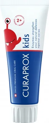 A tube of Curaprox kids toothpaste with a cartoon character.