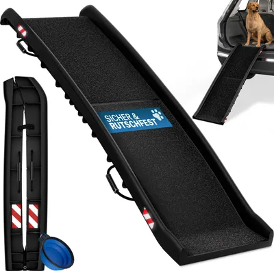 A black dog ramp is shown in a studio setting, with a smaller folded version and a blue collapsible bowl to the left. A smaller inset image shows a dog using the ramp to get into a car.