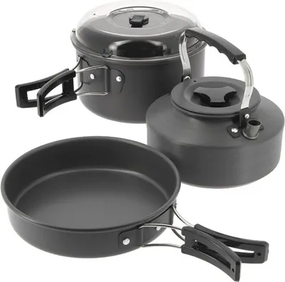 Produktbild von 3 teiliges Kochset Angeln Outdoor Camping Teekanne Kochtopf Pfanne