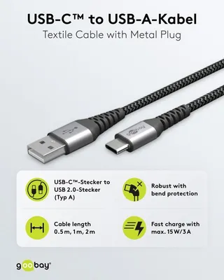 Produktbild von Goobay USB-C auf USB-A Textilkabel mit Metallsteckern (spacegrau/silber), 1 m