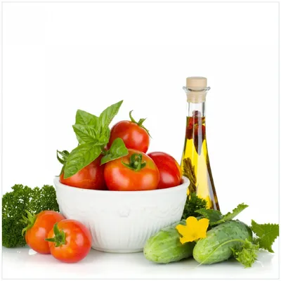 Produktbild von Wallario Premium Glasbild, freischwebende Optik, kräftige Farben, Größe 30 x 30 cm Motiv Frische Salatzutaten mit Kräuter-Öl - Tomaten, Gurke, Petersilie