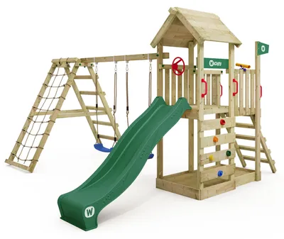 Image de Structure de jeu Wickey RocketFlyer avec module d'escalade et toboggan, en bois, de couleur verte