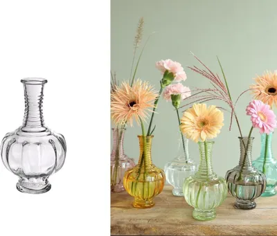 Produktbild von Vintage Glasvase 15 cm, in vielen Farben – Kleine Tischvase für Trockenblumen & Blumensträuße – Hochzeitsvase – Deko Glasflasche, Farbe:Glasklar