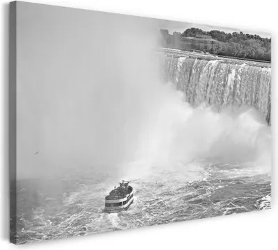 Produktbild von Leinwandbild (120x80cm): Wasserfall Boot boat Meer Schiff black white Natur-Bilder schwarz-weiß, echter Holz-Keilrahmen inkl. Aufhänger, handgefertigt in Deutschland