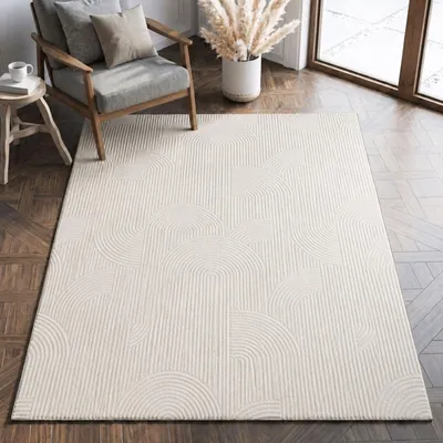 Produktbild von Moderner Teppich Wohnzimmer Schlafzimmer Abstrakt Einfarbig 3D Optik Creme 80x150 cm