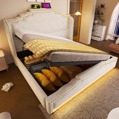 Produktbild von Polsterbett 140x200 cm mit LED & USB-C Ladefunktion, Stauraumbett Beige Samt, Bettgestell geräuschlos mit Kopfteil & Lattenrost, Doppelbett ohne Matratze