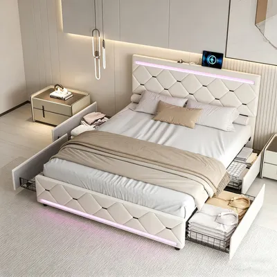 Produktbild von INONEFT Polsterbett 140x200cm mit USB und LED, Jugendbett Doppelbett mit 4 Schubladen, Doppelbett Stauraumbett mit Lattenrost, Samt, Beige