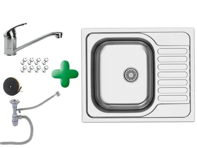 A kitchen sink and faucet set with accessories, presented on a white background.