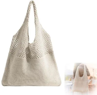 Imagen del producto de Bolsa de playa bohemia tejida a crochet para mujer, Ibenzoa®, gran capacidad, 38 x 54 cm, diseño de malla semiabierta, poliéster ligero de 180 g, ideal para llevar al hombro o de mano