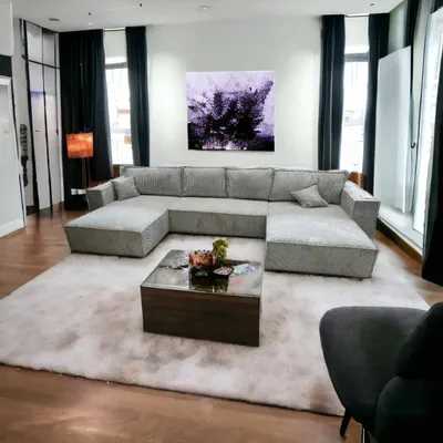 Produktbild von Ecksofa U-Form Cord 394x185 mit schlaffunktion bettkasten Poso 100 Beige Emporium