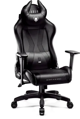 A black gaming chair with devil horns on the headrest, shown from the front on a white background.