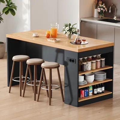 Image de Îlot de cuisine Flieks avec éclairage LED et prise électrique, chariot de service avec plan de travail de 40 mm, 3 étagères ouvertes, chariot de service 155x80x90 cm, noir et aspect bois naturel