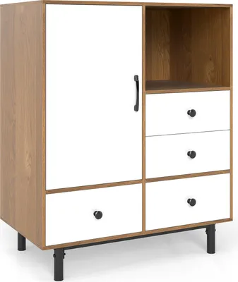 Image de COSTWAY Sideboard moderne, Buffet Rangement avec pieds métalliques, 4 tiroirs & compartiment ouvert, commode Armoire latérale 80x45,5x97,5 cm (Blanc)