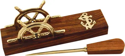 Produktbild von Brieföffner und Visitenkartenhalter aus Holz/Messing, 22x5x7,5cm Nautische Deko