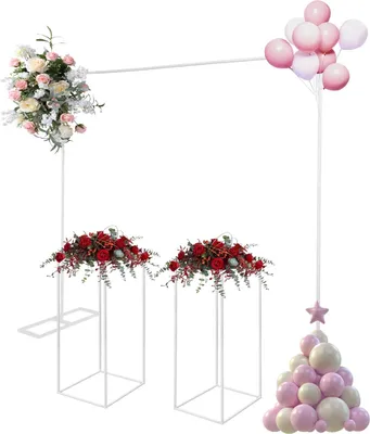 Produktbild von Ballonbogen mit 2 Blumenständern - Stahl Hintergrundständer Set - Maße 2×2 m Bogen, 27×27×80 cm Säulen - Hochzeit Party Fotobox - Weiß