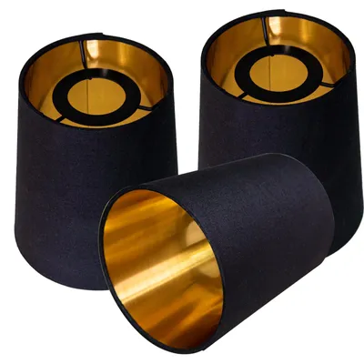 Lampenschirm-Set 3er, schwarz-gold, Leinen, rund, 13,5 cm