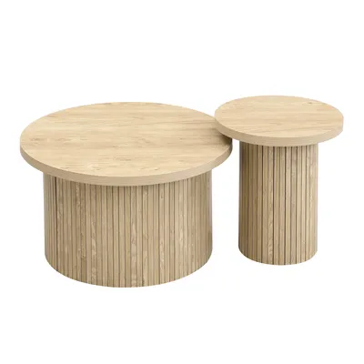 Produktbild von Abrihome 2er Set Rund Couchtisch Wohnzimmertisch-66x40+40x46cm (Ø x H) mit Naturholzlatten, Natur