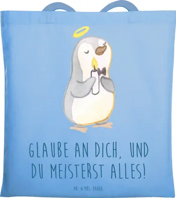 Produktbild von Mr. & Mrs. Panda Schultasche Stolpersteine im Alltag meistern - Sky Blue - Geschenk, Baumwolltasche, Jutebeutel, Abenteuer, Träume verwirklichen, Trost, meisterst alles