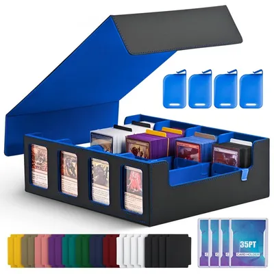 Produktbild von INF Vierreihige Deckbox mit Sichtfenster und geteiltem Deckel – Kunstleder mit koreanischem Samt, fasst 3000+ Karten, Top-Loader kompatibel Blau