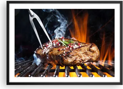 Produktbild von Gerahmtes Poster - Schwarzer Rahmen - Steak Grill Flammen Essen - 70x50 cm - Wand Bild - Wanddeko - Wandbilder - Wandposter - Bilderrahmen - Bilder - Kunstdruck - Wandbild - P2BAA70x50-2865