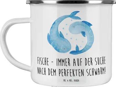 Produktbild von Mr. & Mrs. Panda Emaille Tasse Fische Schwarm - Weiß - Geschenk, Horoskop, Teetasse, Kreativ, Becher, Sternzeichen, Geschenke, einfühlsam, Pott, Tierkreiszeichen, Haferl
