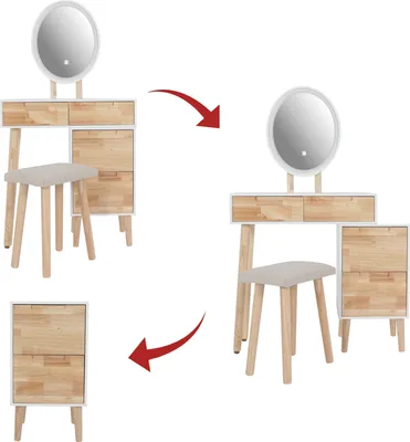 Produktbild von Puluomis Schminktisch mit LED Beleuchtung Spiegel Oval, Kosmetiktisch Frisiertisch mit gepolstertem Hocker und Schrank Weiß Holzfarbe