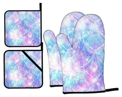 Produktbild von Ofenhandschuhe und Topflappen-Set, 4 Stück, rutschfeste Grillhandschuhe, hitzebeständig für Küche, Kochen, Backen, Grillen