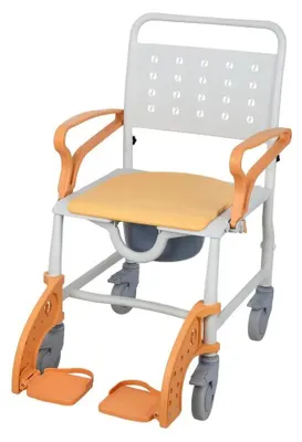 Produktbild von 4-in-1 Duschstuhl mit Rollen - Rollstuhl und Toilettenstuhl - fahrbare Toilettenkommode mit Eimer - Sicherheitsbremsen - orange