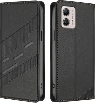 A black leather flip case for a smartphone is shown from two angles.