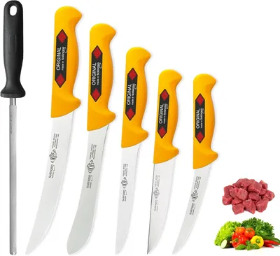 Produktbild von EIKASO Solingen 6-Teiliges Profi Messer Set geeignet als Metzgermesser, Fleischermesser, Schlachtermesser, Ausbeinmesser & Kochmesser (Gelb)