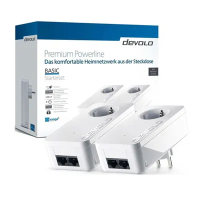 Zdjęcie produktu dla Devolo BASIC Starter Kit, 500 Mbit/s, IEEE 1901, IEEE 802.3, IEEE 802.3ab, IEEE 802.3az, IEEE 802.3u, IEEE 802.3x, Typu F, Fast Ethernet, 10,100 Mbit/s, 64-QAM, 256-QAM, 1024-QAM, 4096-QAM, BPSK, OFDM, QPSK