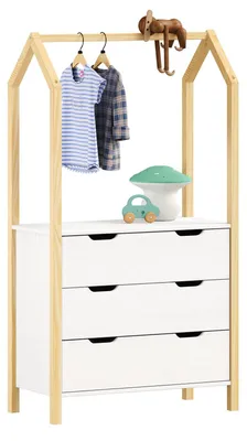 Produktbild von Kinderzimmer Kommode AMIRA mit Kleiderstange in Hausform - natur/weiß, 3 Schubladen, integrierte Kleiderstange, Stauraum für Kleidung, Spielzeug, Bücher, Kiefernholz