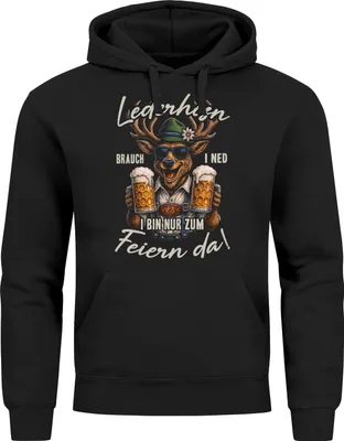 Produktbild von Hoodie Herren für das – Lederhosn brauch i ned i bin zum feiern saufen da – Hirsch Bier Ersatz Tracht Pullover Volksfest Bierfest Outfit Spruch Lustig Moonworks®