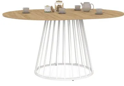 Produktbild von Runder Ausziehbarer Esszimmertisch 110-150 cm – Moderne Industrielle Esszimmertisch für 4-8 Personen – Holzplatte & Weißer Metalldrahtfuß