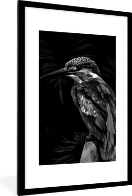 Produktbild von MuchoWow® Gerahmtes Poster Vogel vor schwarzem Hintergrund - schwarz und weiß 60x90 cm - Poster mit Schwarzem Bilderrahmen Wandposter Rahmen Foto Bilder - Dekoration - Wandposter Wohnzimmer - Hochwertig